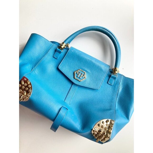 PHILIPP PLEIN Jenna Large Basics Shell Bag Studded Blue Leather Tote Bag Purse - Picture 2 of 14